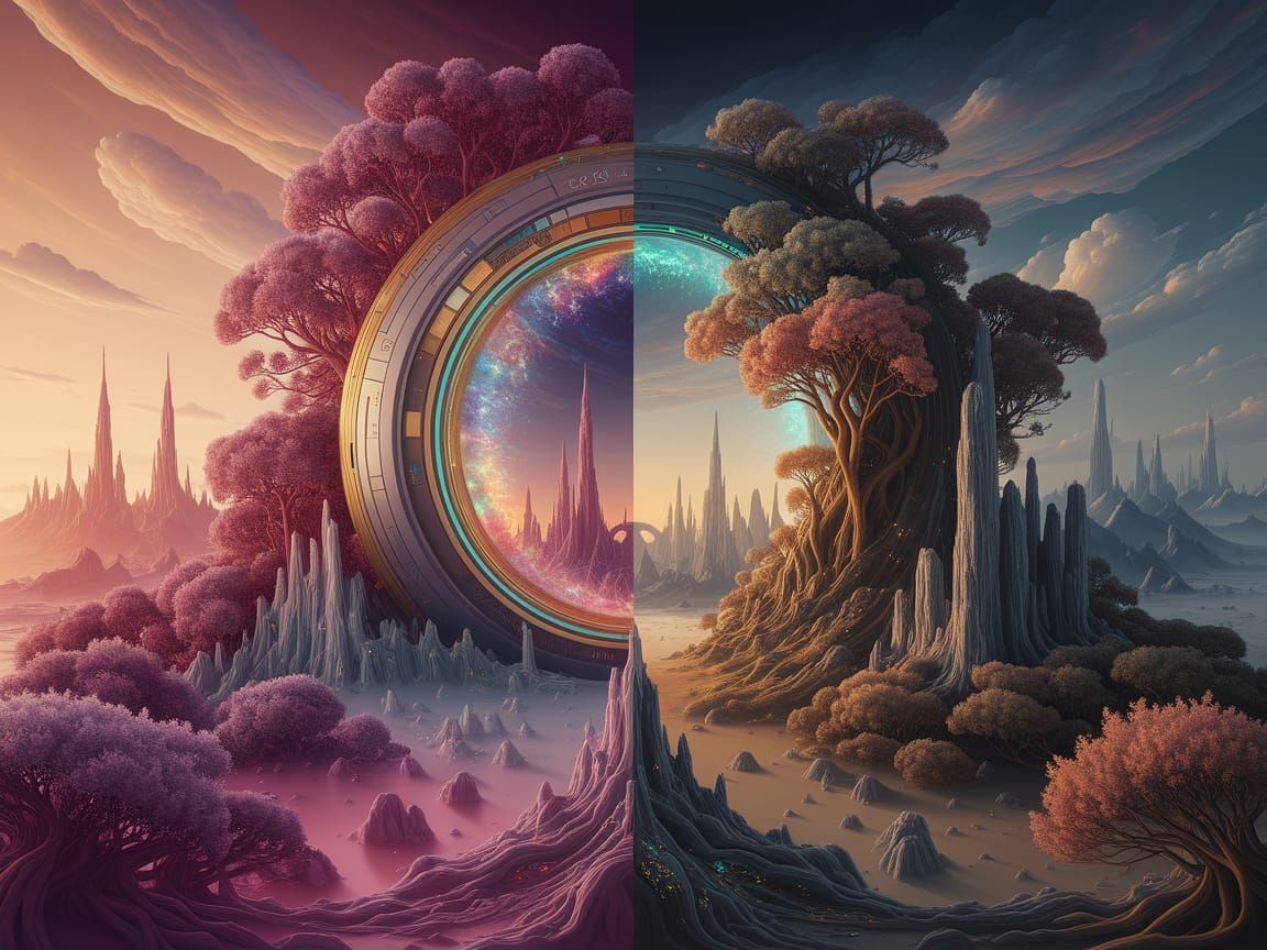 Split image, digital painting. Left side: A vibrant, futuristic alien city, gleaming with advanced technology and nature integration. Right ...