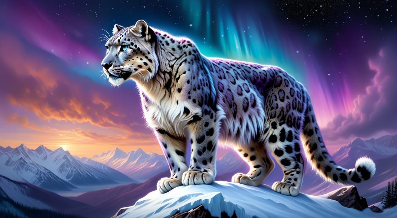 Snow Leopard perched atop a towering, snow-covered mountain ...
