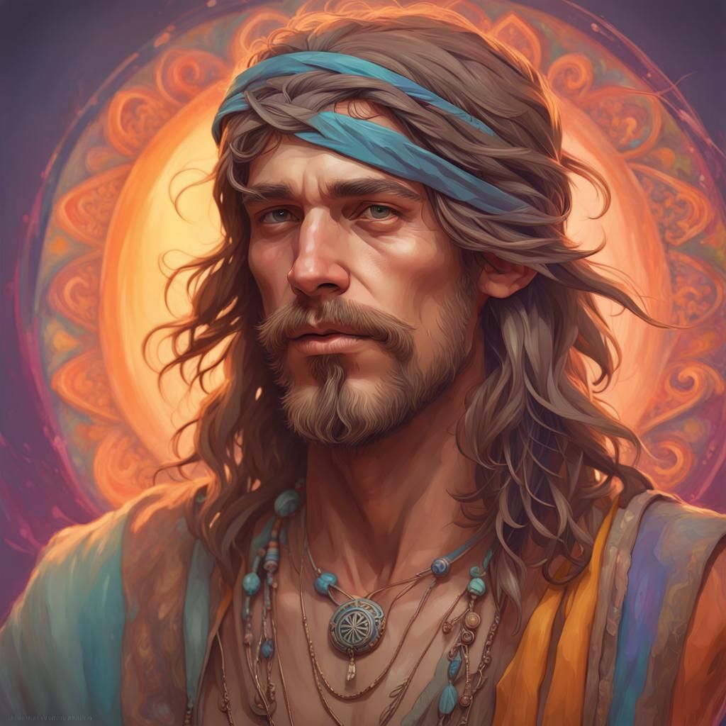 Portrait of a hippie guy head and shoulders portrait, 8k res...