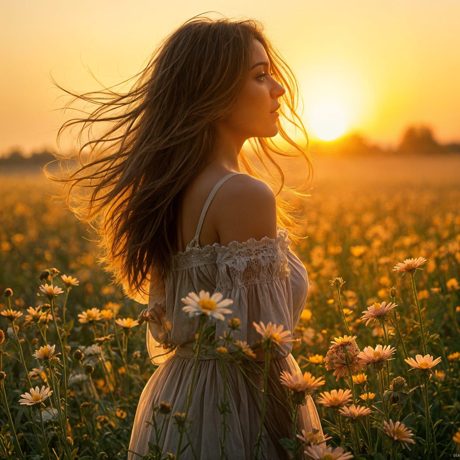  A lone woman with flowing hair stands in a field of wildflowers, 