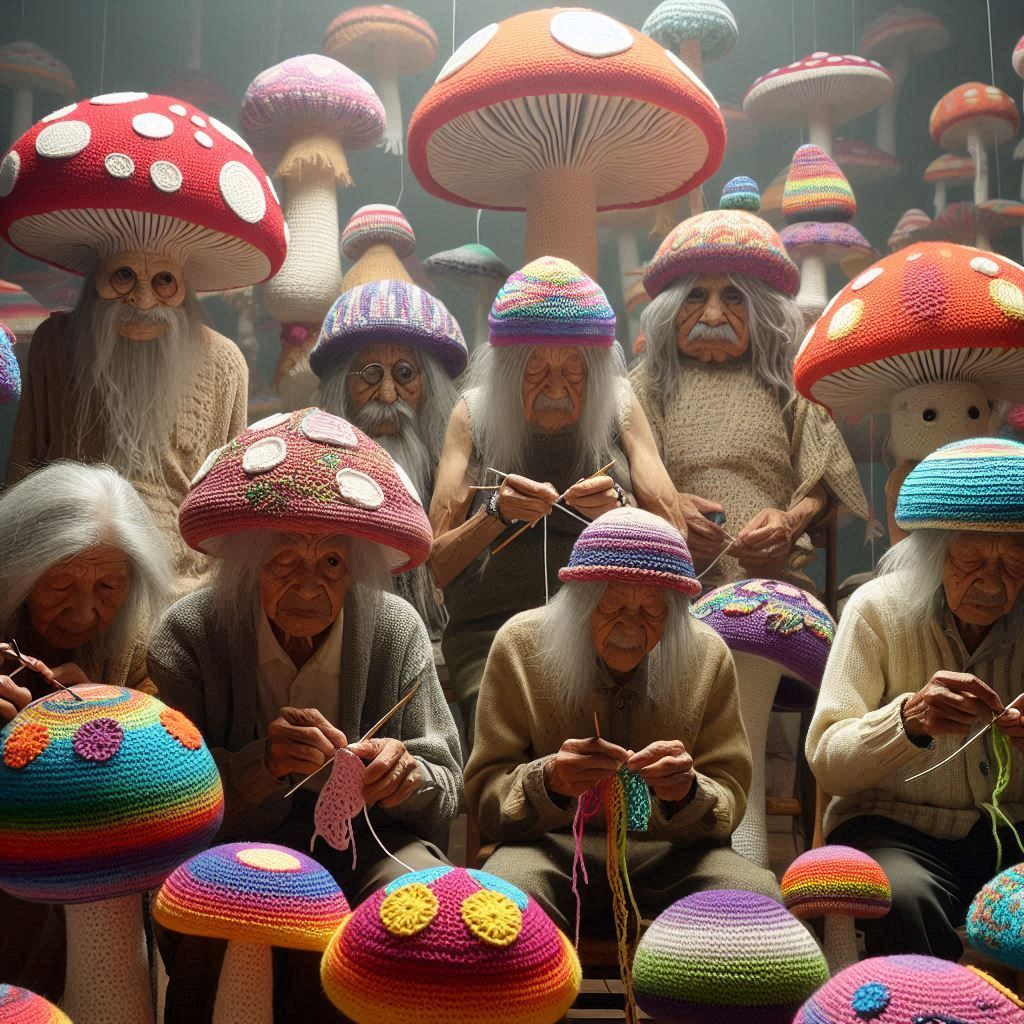 Crazy mushrooms sit in a group. Like old men, they crochet with colorful threads and the room is full of crocheted thing...