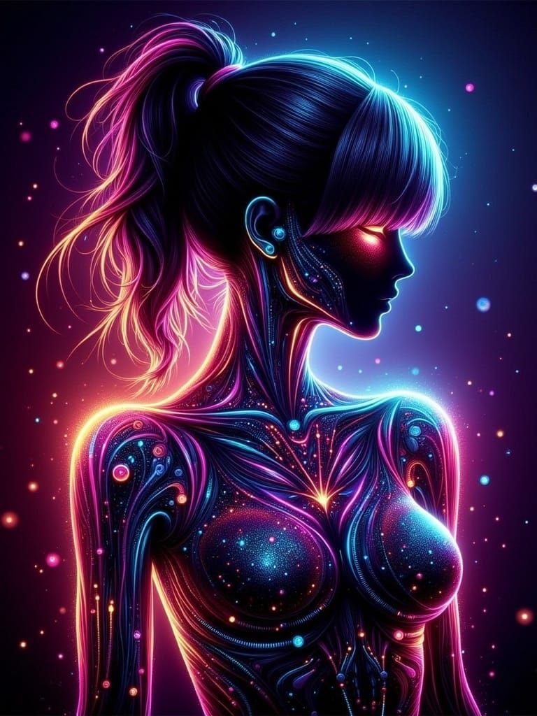 <lora:NeonBlitzFL:1.0> Ultra detailed illustration of the silhouette of a gorgeous cyborg, gorgeous natural textures, (((translucent skin:1....