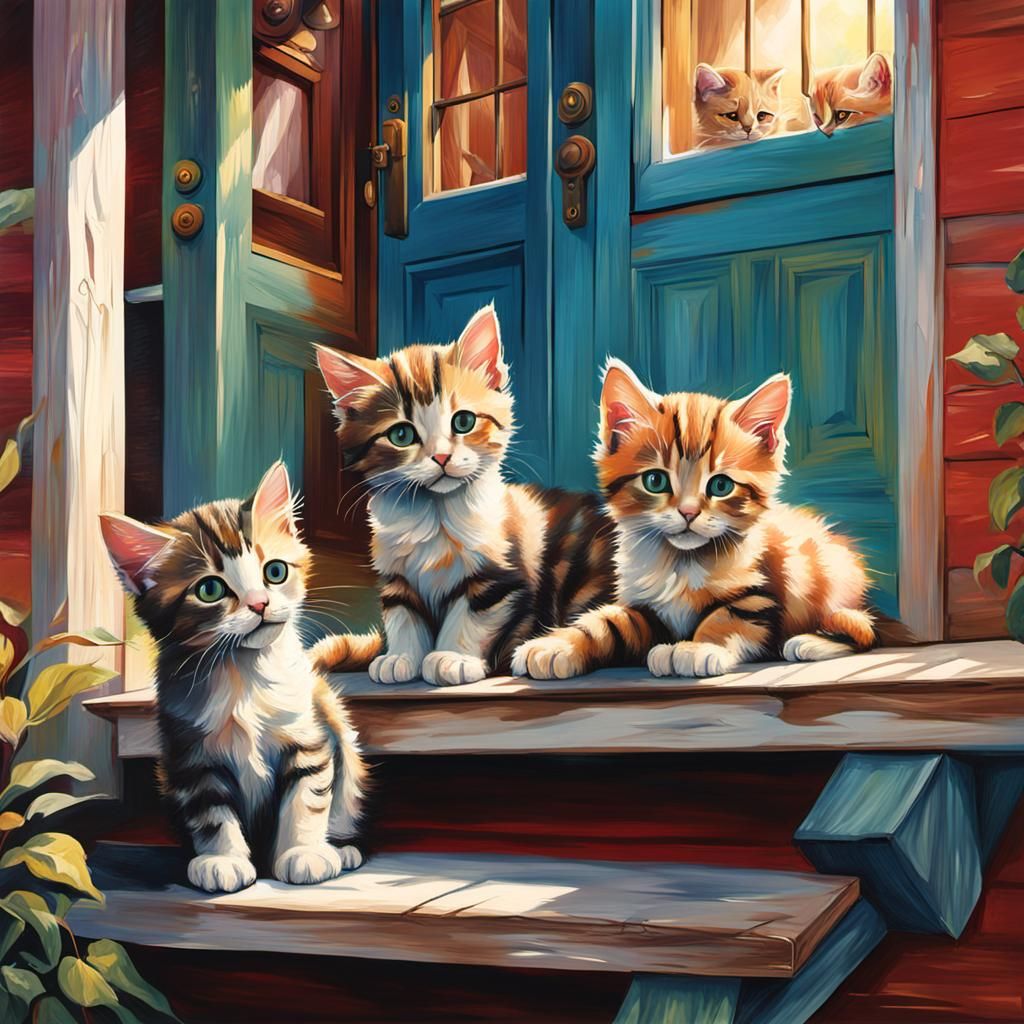 Old house porch with kittens playing