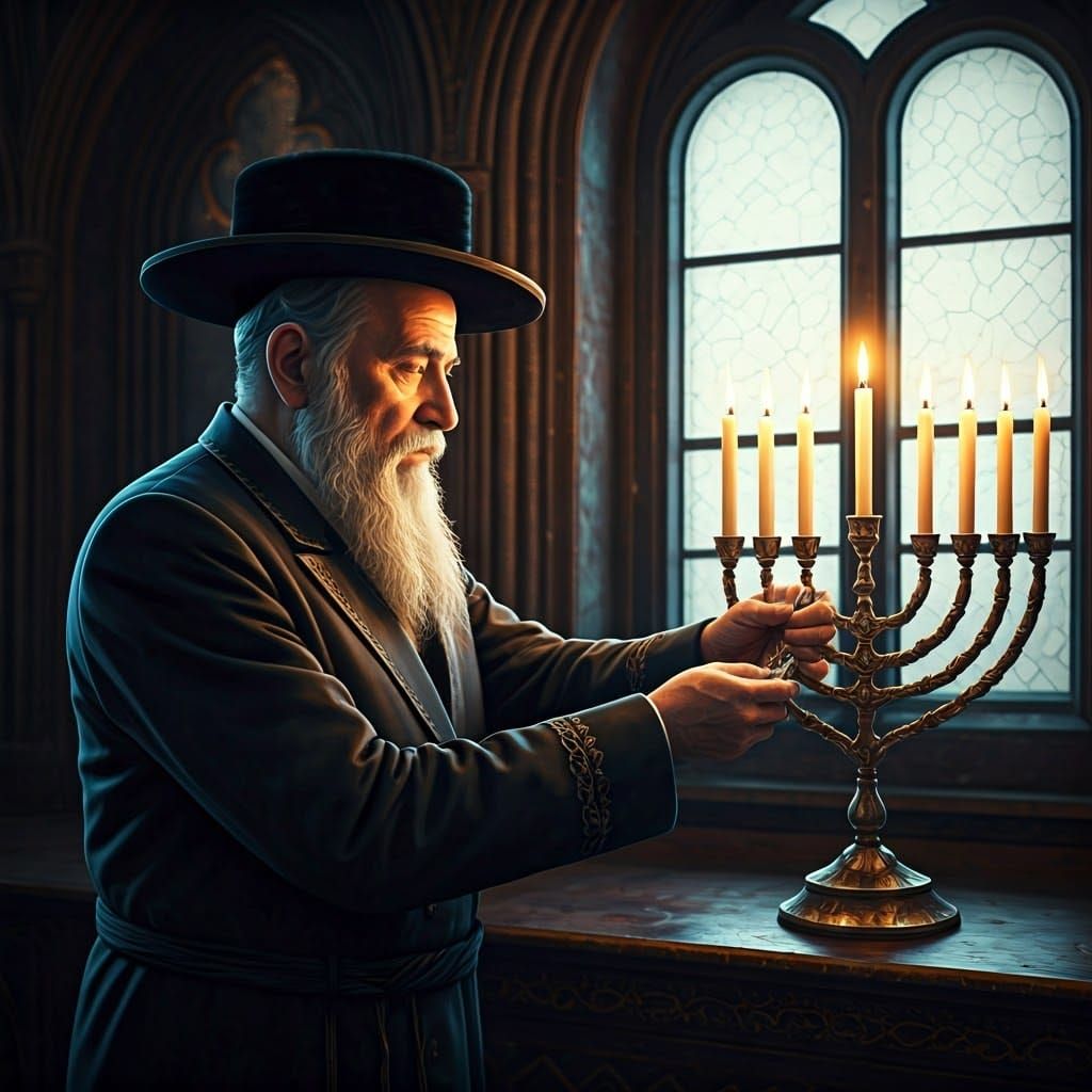 Contemplative Ultra-Orthodox Rabbi Lights Menorah in Etherea...
