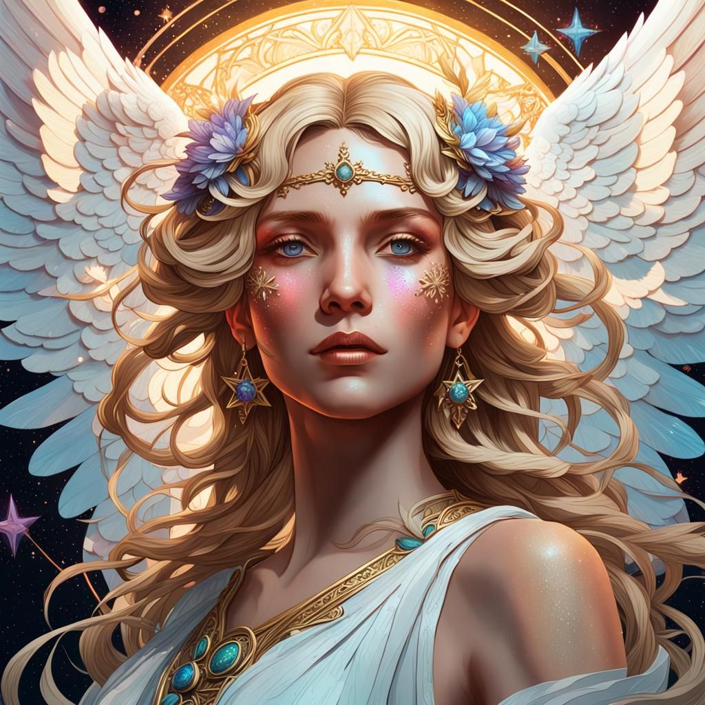 Beautiful Angels, White wings, blonde hair,  background star...