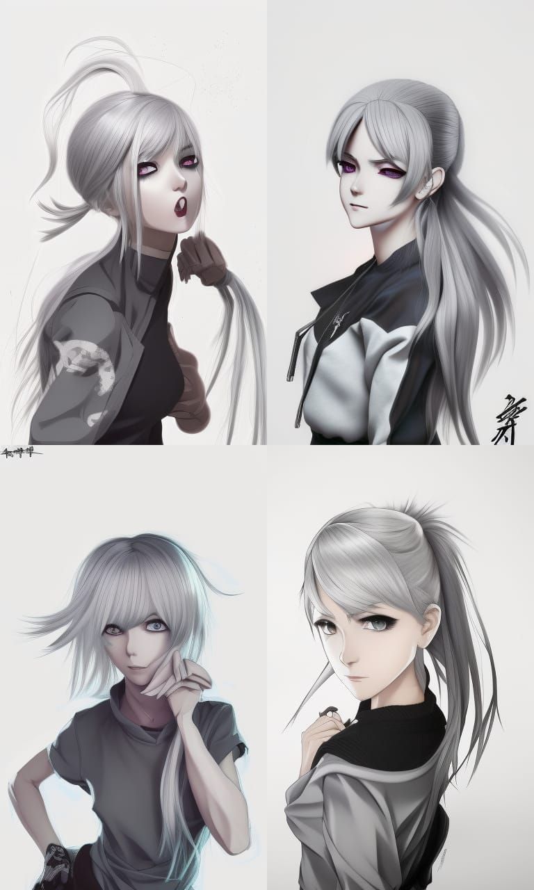 Attractive woman with silver hair in a ponytail, silver eyes...