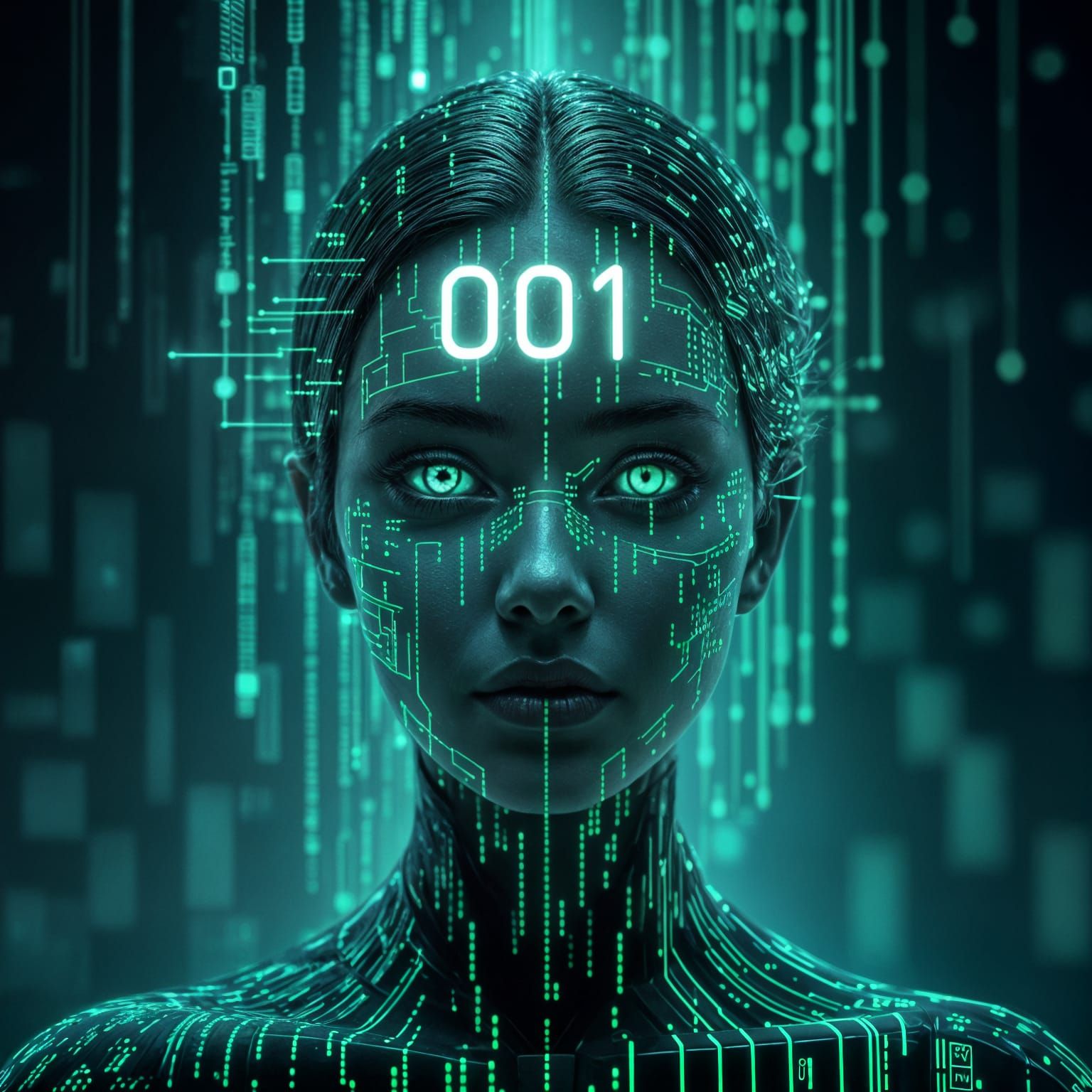 A portrait of a digital entity, its form composed entirely of cascading lines of glowing green binary ...  by @Cabbits
