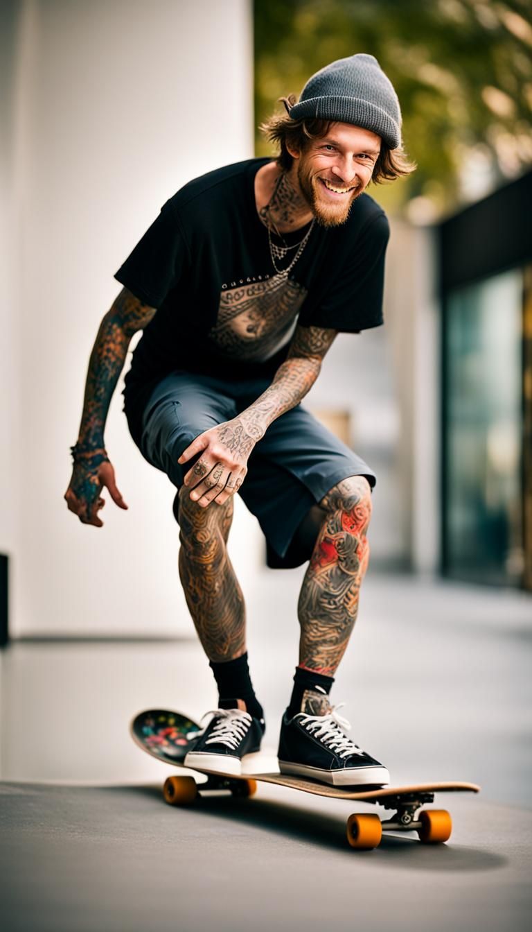 A happy skateboarder, with his skateboard, covered in tattoos, at a ...