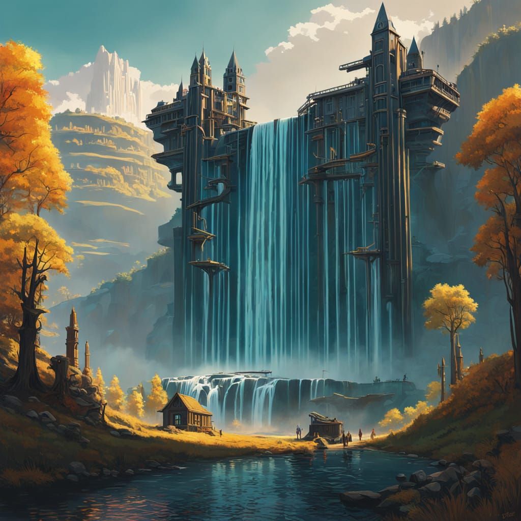 Ancient City in Golden Valley with Shimmering Waterfall and...