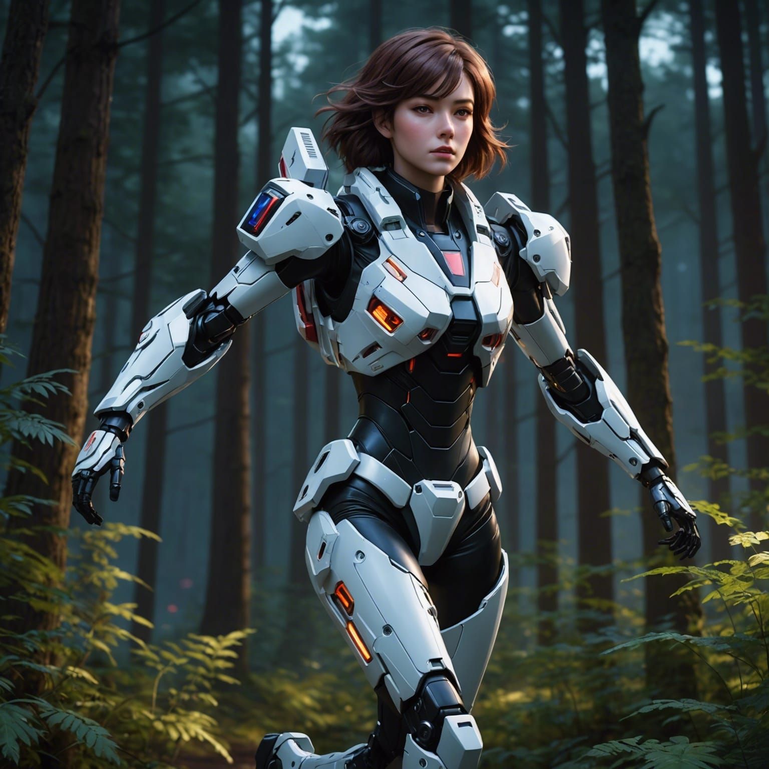 Robotech inspired woman in tech suit dashing through a forest at night