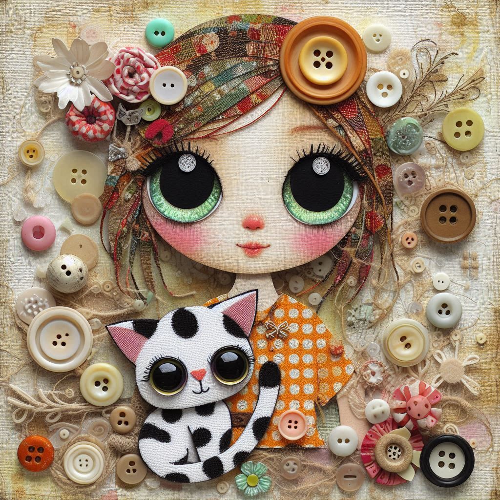 The girl and her cat fabric collage