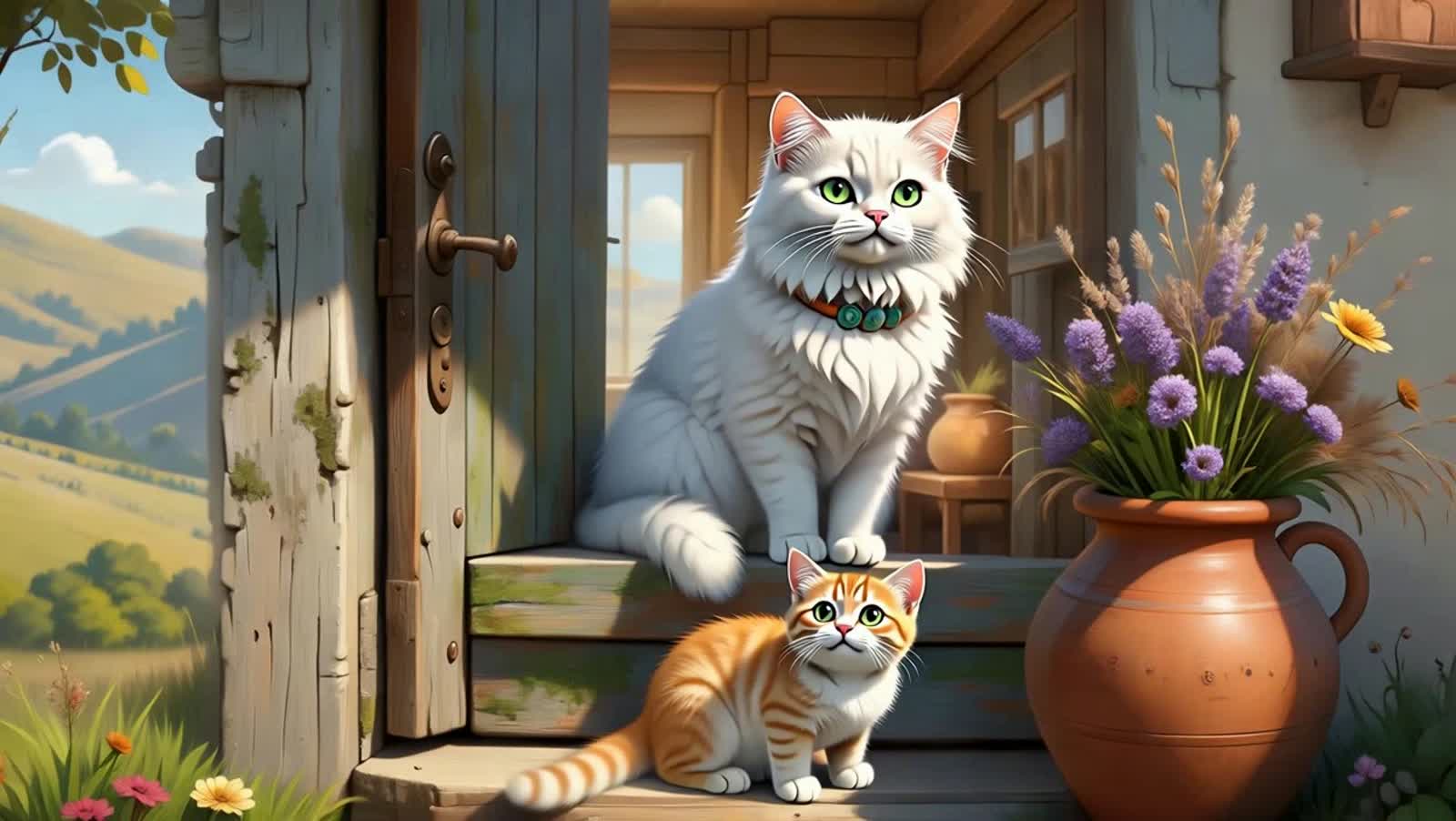 A painterly illustration of a weathered, moss-covered wooden door slightly ajar, revealing a cozy, sun-drenched interior...