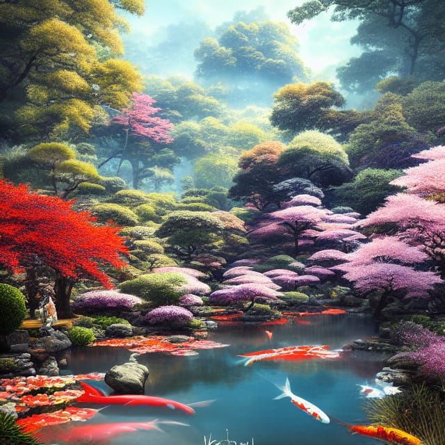 Hyperrealistic Japan Nature with Koi Pond