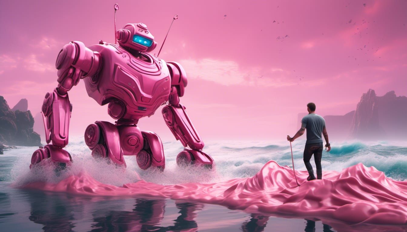 <lora:Psychonaut Adventure:1.0> A gigantic cake robot made out of pink frosting covered batten-berg cake walking out of the sea. The robot i...
