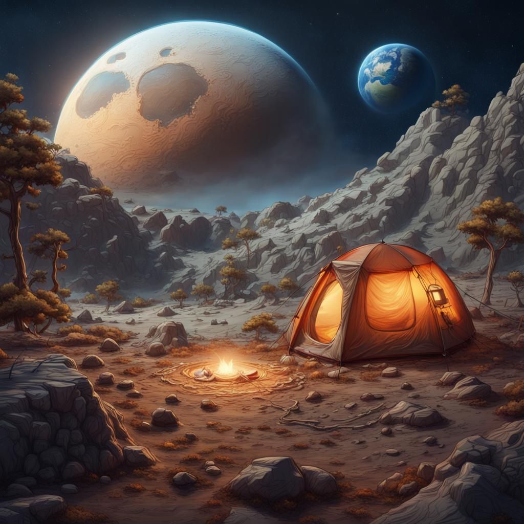 "perfect camping spot , on the moon with earth in the sky line, detailed oil painting, extreme