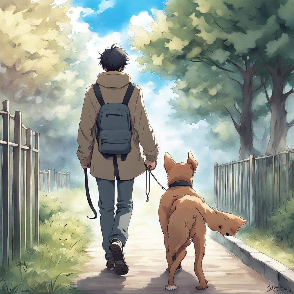 A guy and his dog going on a walk