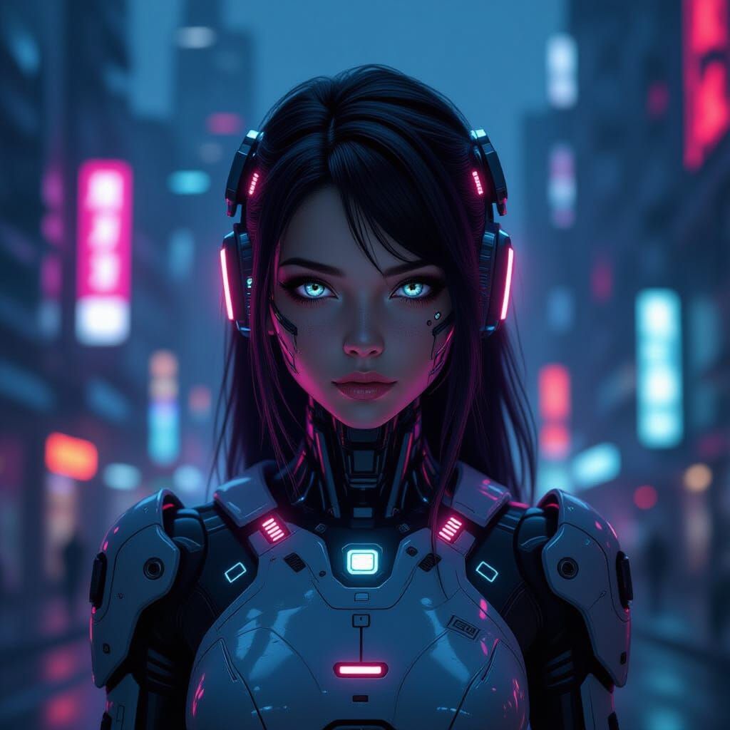Futuristic Android Girl in Cyberpunk City