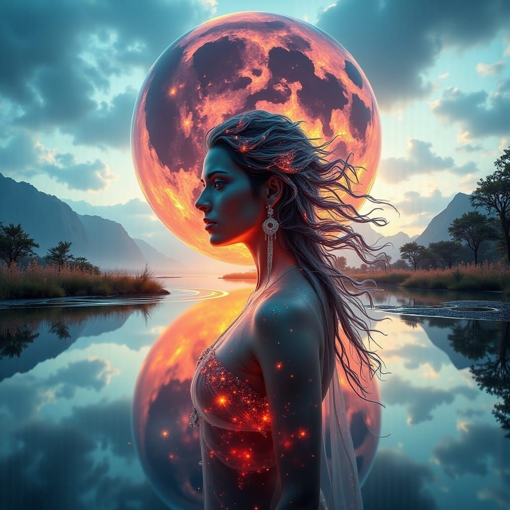 Double exposure. Side profile portrait of a beautiful woman. a colorful alien planet with huge moons reflected in the water in the valley <l...