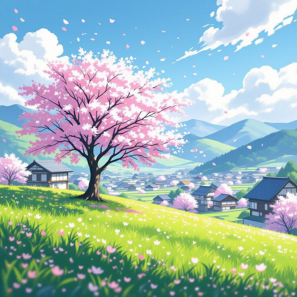 Cherry Blossom in Japanese Village: Anime Style
