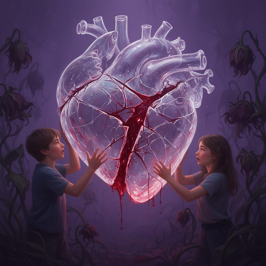 create a big glassy heart that is broken into two with blood dripping from it with a boy ang a girl at both end trying to push it back toget...