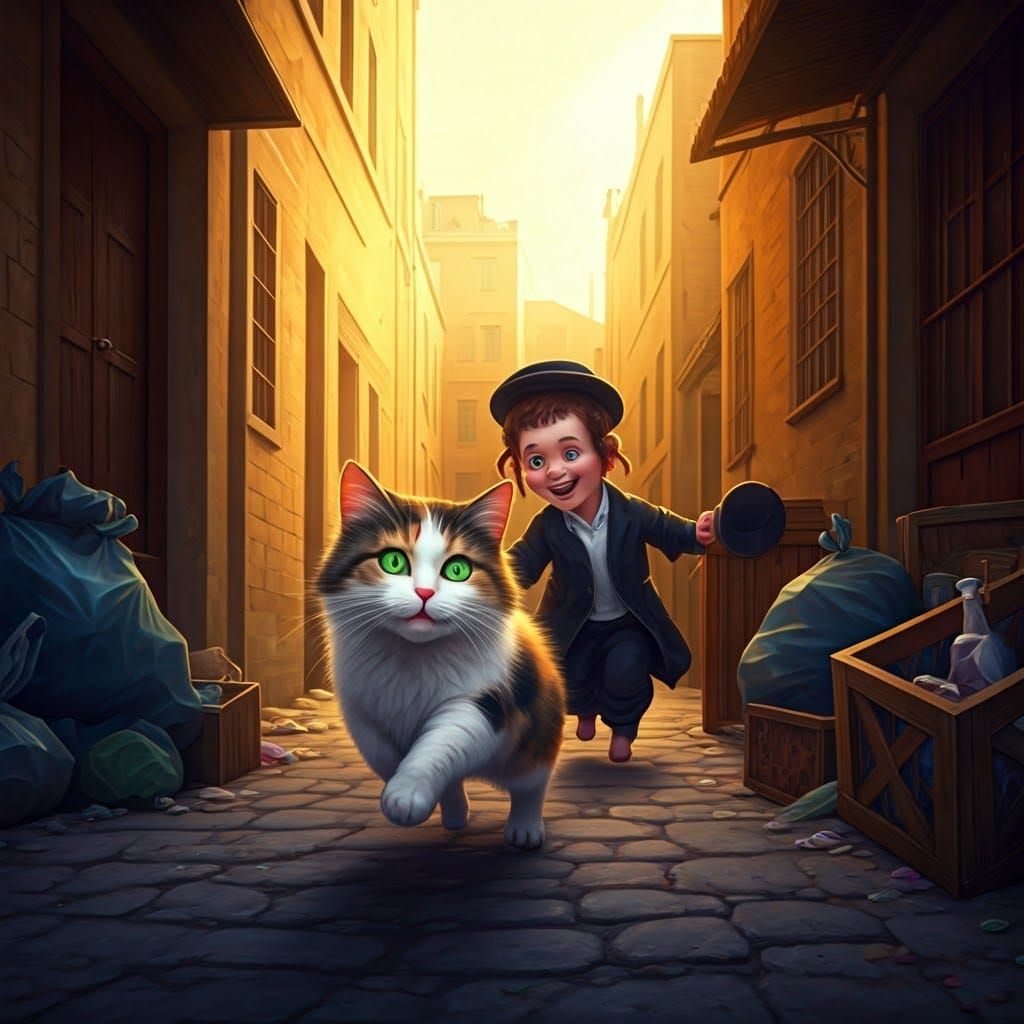 Whimsical Calico Cat Chases Orthodox Boy Through Golden Stre...