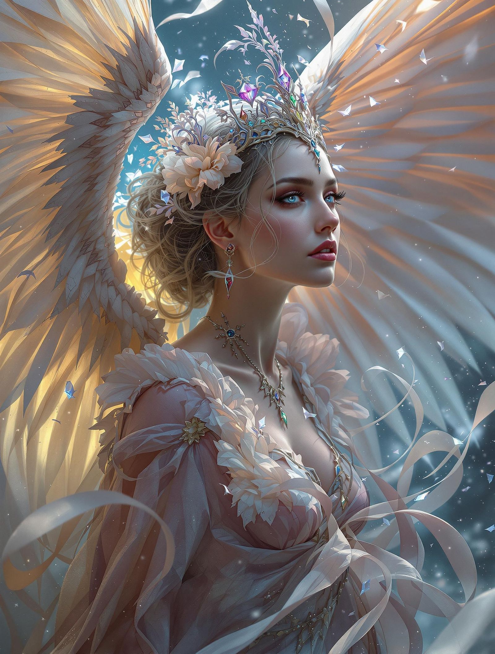 Regal woman with delicate, silk-like wings forever falling around her