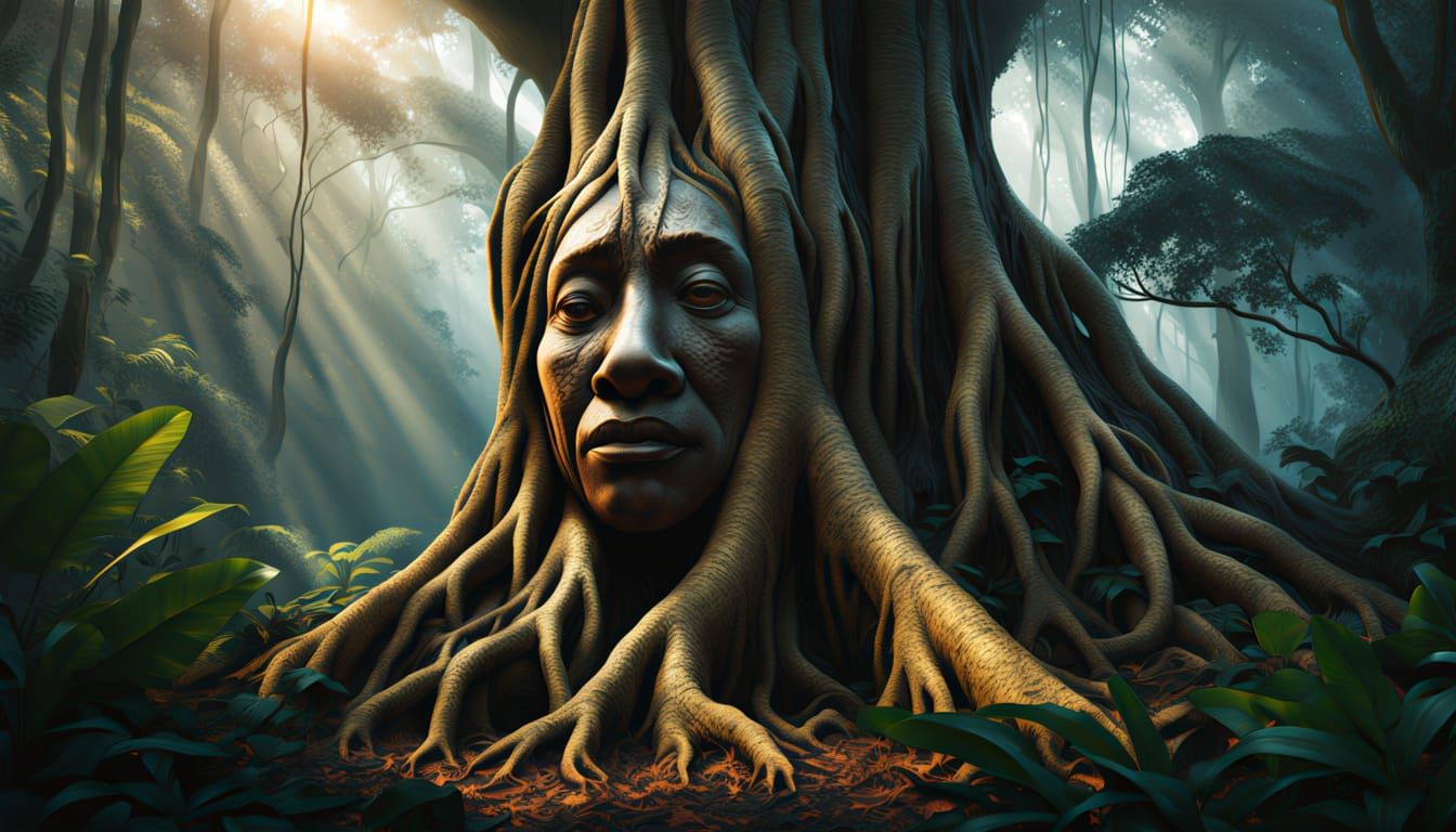 Knotted strangler fig roots tight shot shifts in languid jungle light where the wood is shaped into a ...  by @Caestus