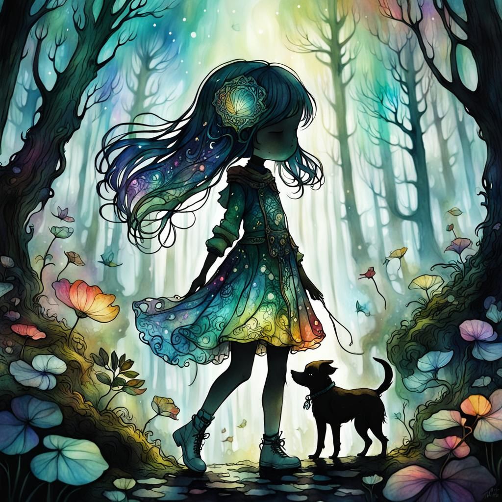 psychedelic colorful silhouette chibi girl, dog, forest Fantasycore, Stephanie Law  by @Winter