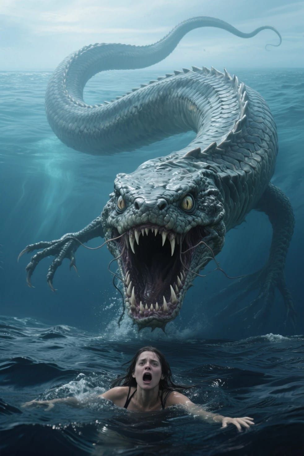 Evil sea monster chasing after a petrified human woman on th...