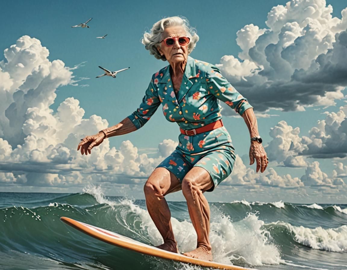 An elderly lady surfing.