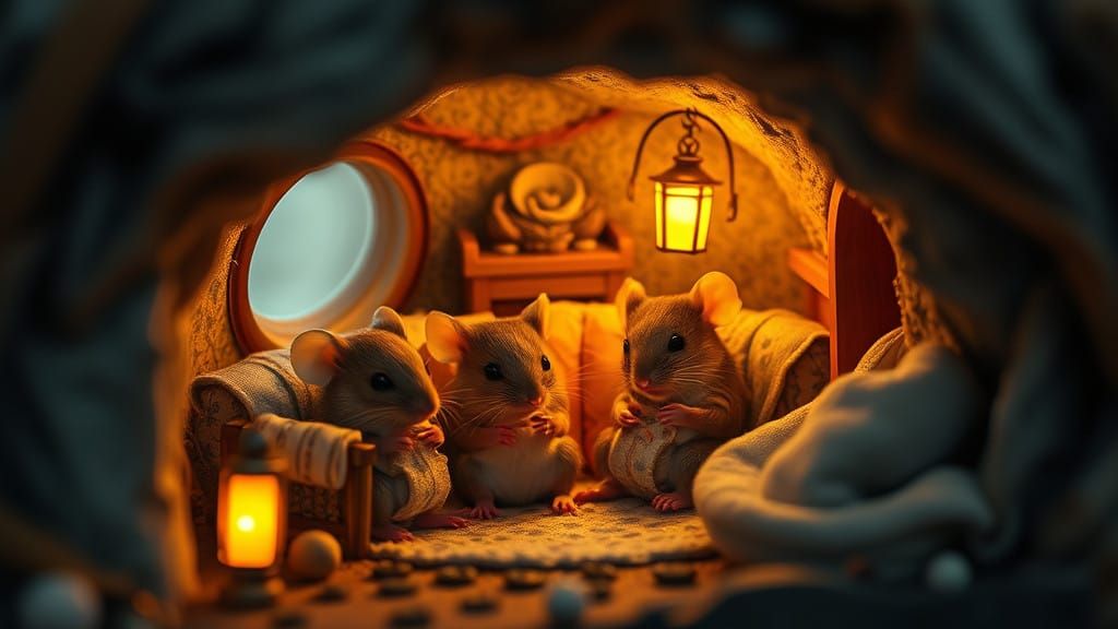 A cozy mouse family nestled in their tiny, warm burrow, complete with mouse-sized furniture.  by @KOSH