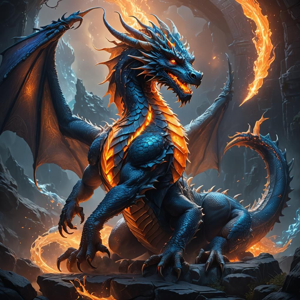 Mythical Dragon with Runes and Portal in Fantasy Art