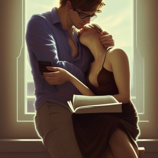 brunette man cuddling a blonde girl while reading