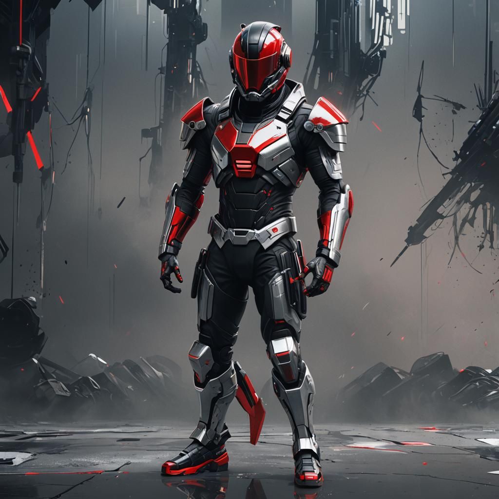 metallic hero, red black and silver suit, helmet with red an...