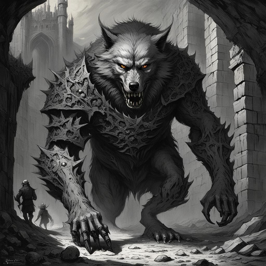 A wolf with a menacing face and long steel claws walks through the dark ...