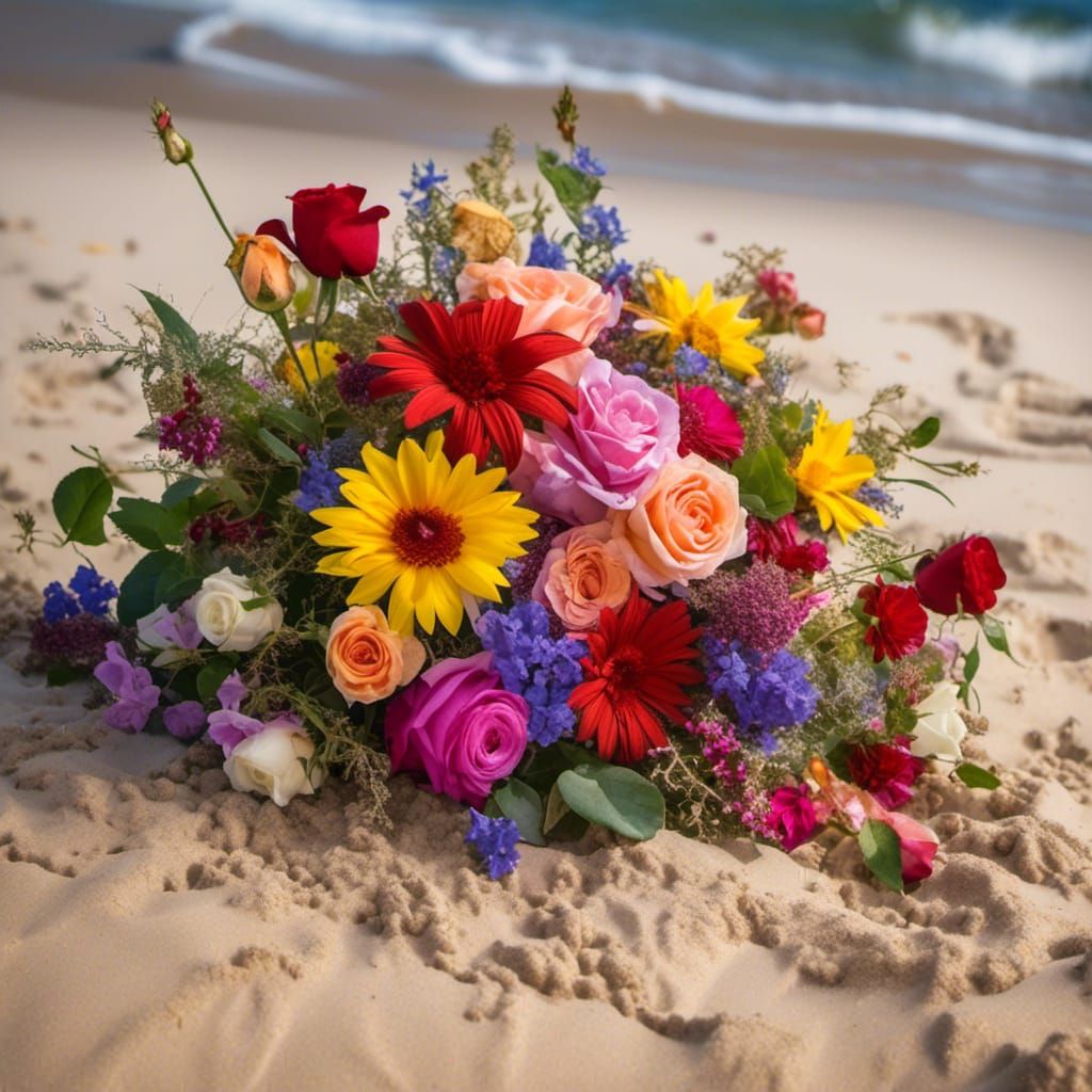 Bouquet of colorful flowers, wild and roses and many others, laying on the sandy beach, foamy waves splash before it, dripping it, misting i...