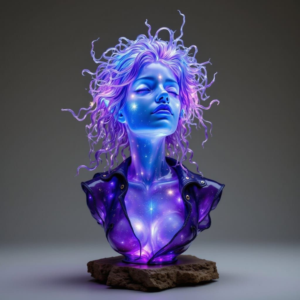 <lora:Bust-ed:1.0>  

Female cosmic elf with flowing holographic hair, glowing nebula-toned eyes, galaxy-patterned blue skin, and star map c...