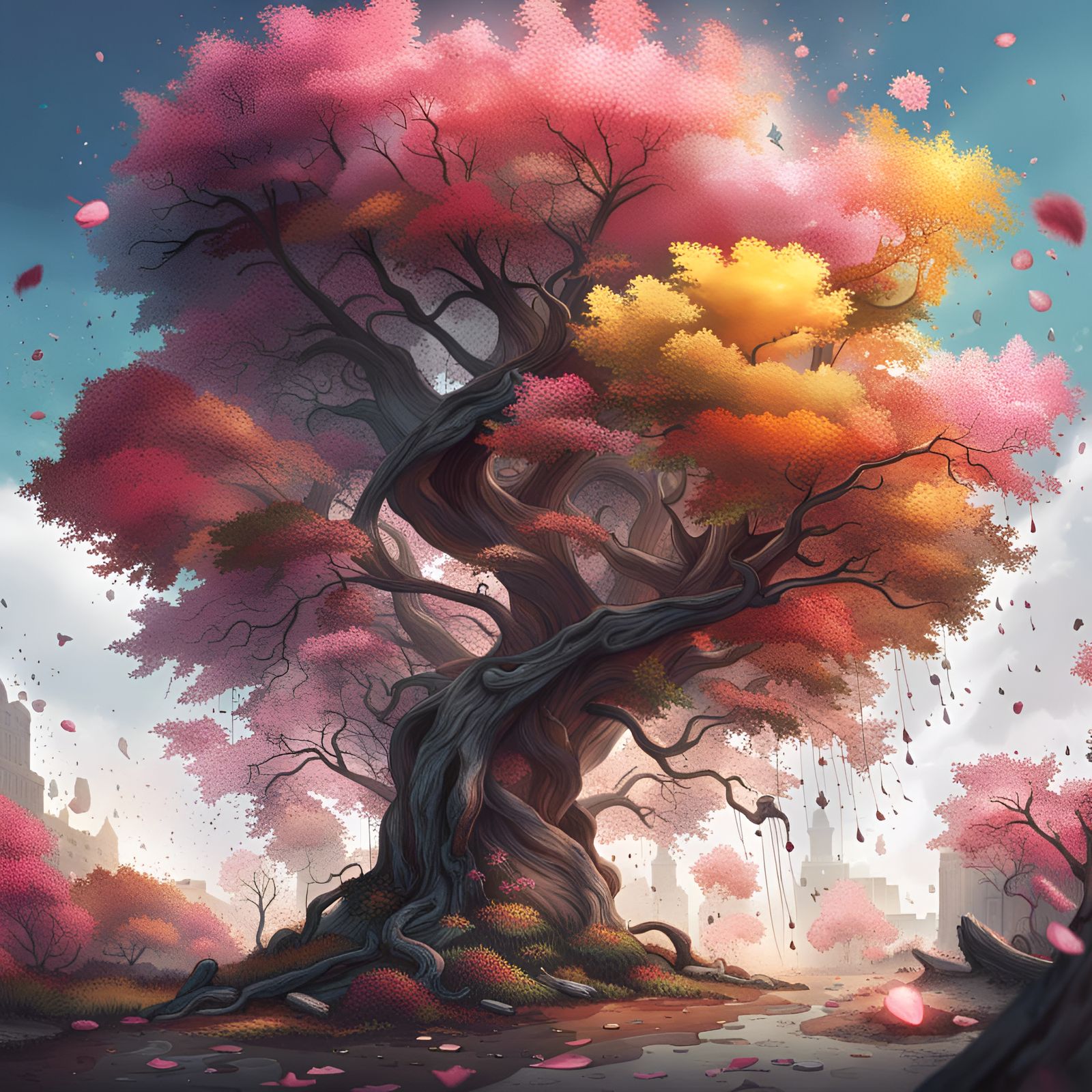 Whimsical stylized  surreal colorfulSplash art,  a tree half-covered in autumn leaves and half in spring ...  by @artistrycreations_