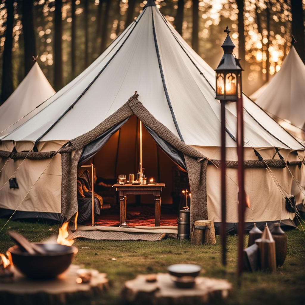 A modern campsite with an ornate medieval tent and a knight - AI ...