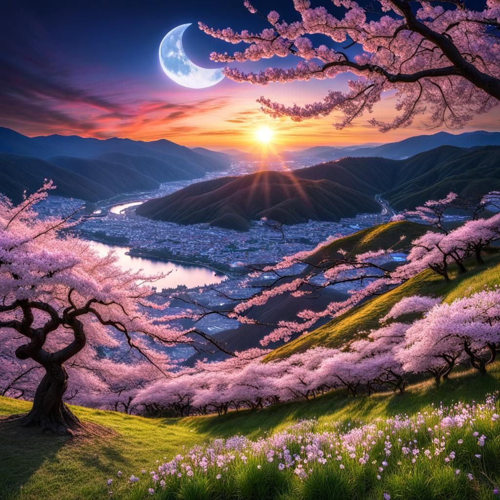 Sun-Moon Cherry-Blossom Sunrise Hillside
