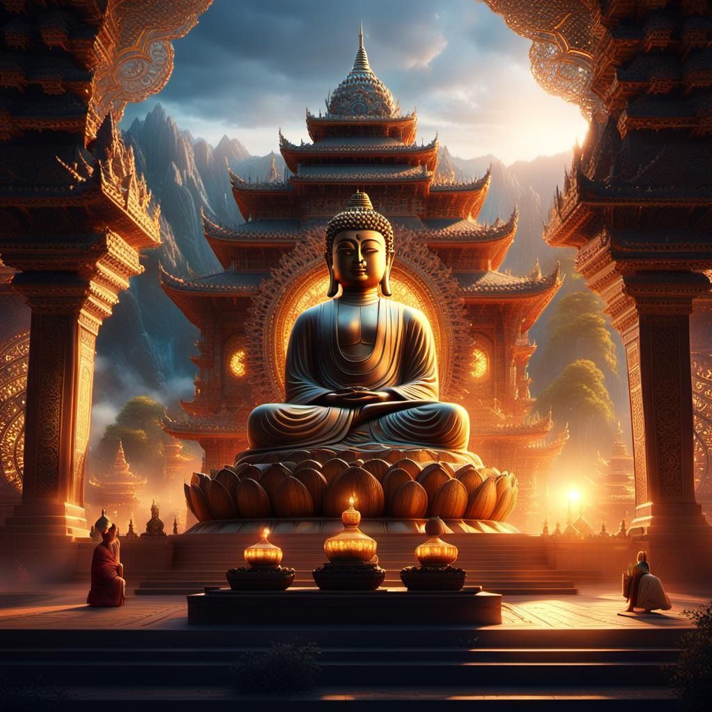 Buddha and Subhuti in Art Nouveau Mountain Landscape