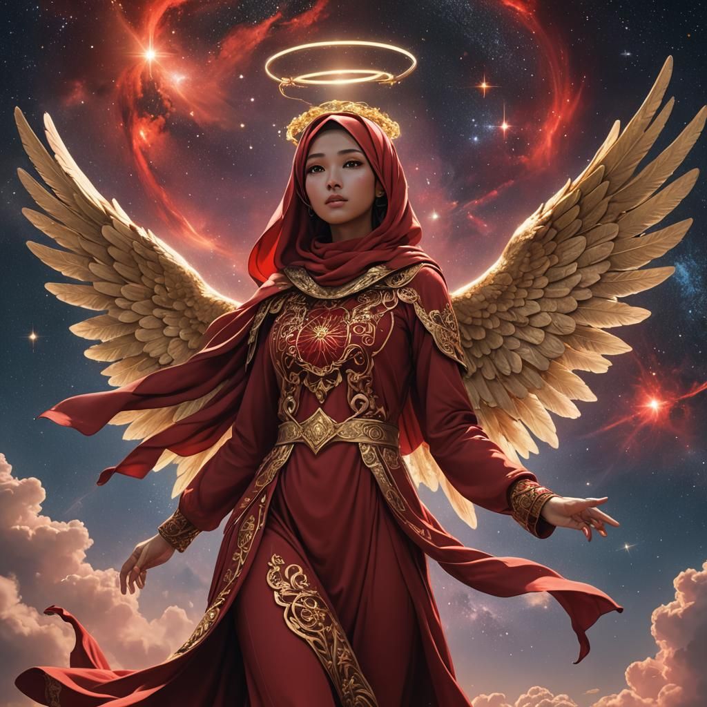 a beautiful angel in red with a gold halo