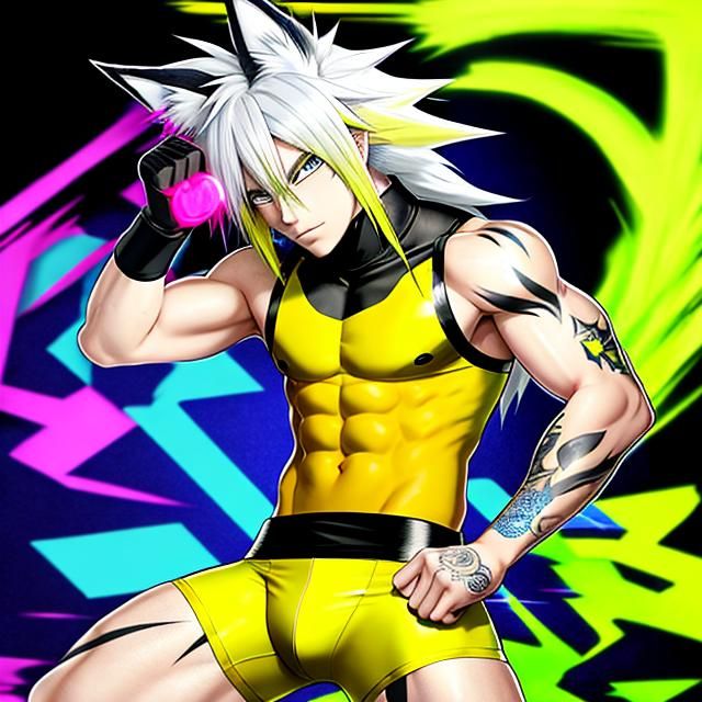 nekoboy with long fluorescent yellow hair, colorful locks, w...