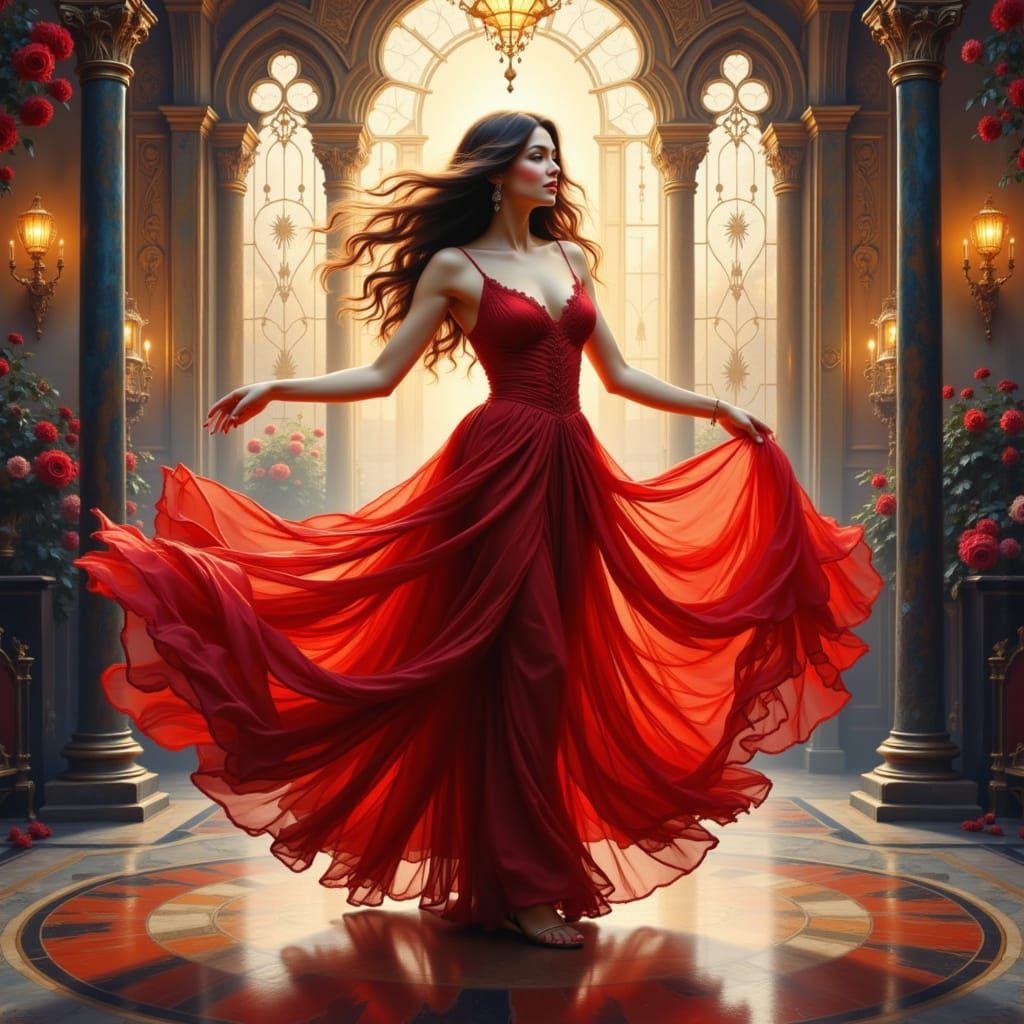 Woman in Red Dress Dances with Magical Lights