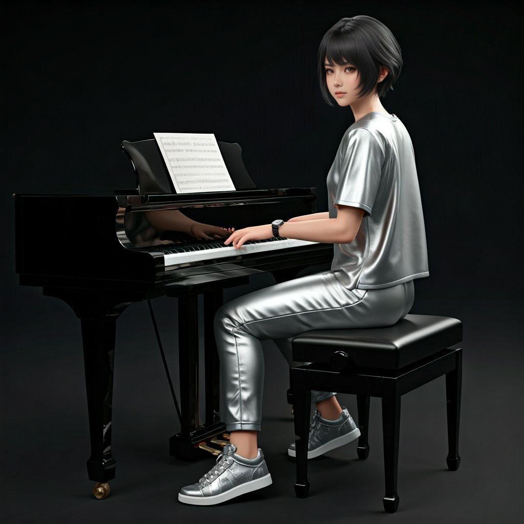 Anime Woman Plays Piano in Detailed 3D Art