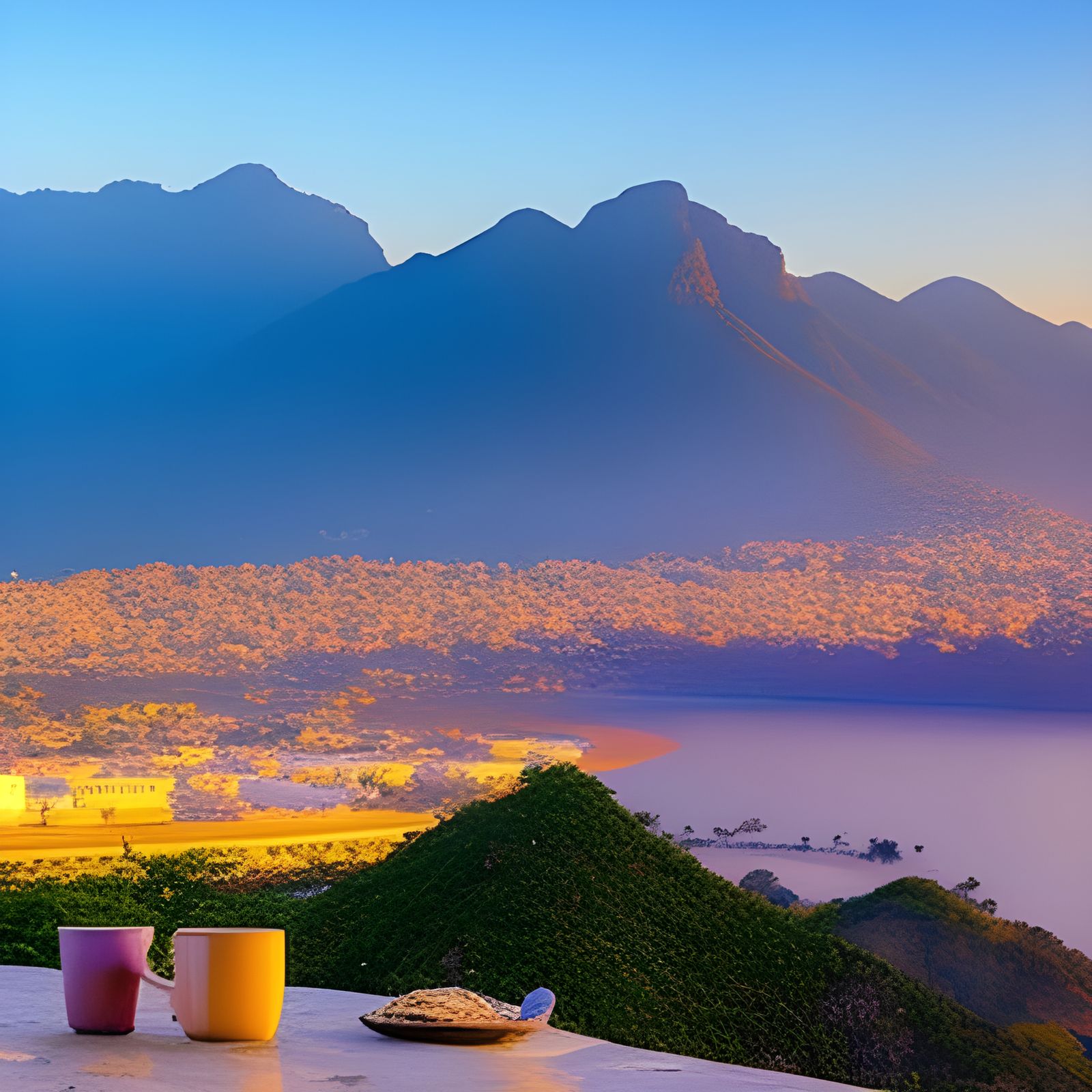 island of Haiti mountains and city district, with sunrise of...