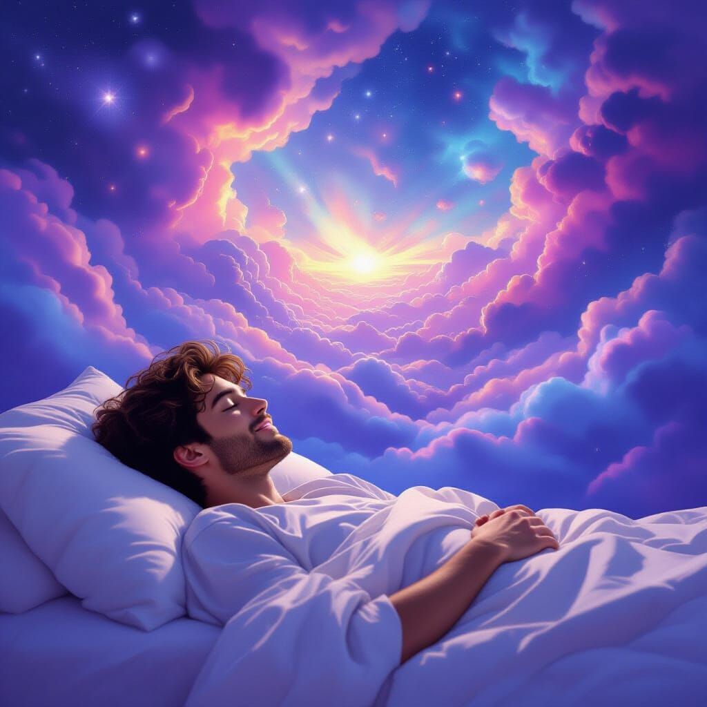 Man Dreaming of Cosmic Serenity in Surreal Digital Art
