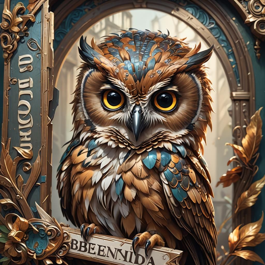 A baby owl holding a sign in it's beak that says "Bienvenida...