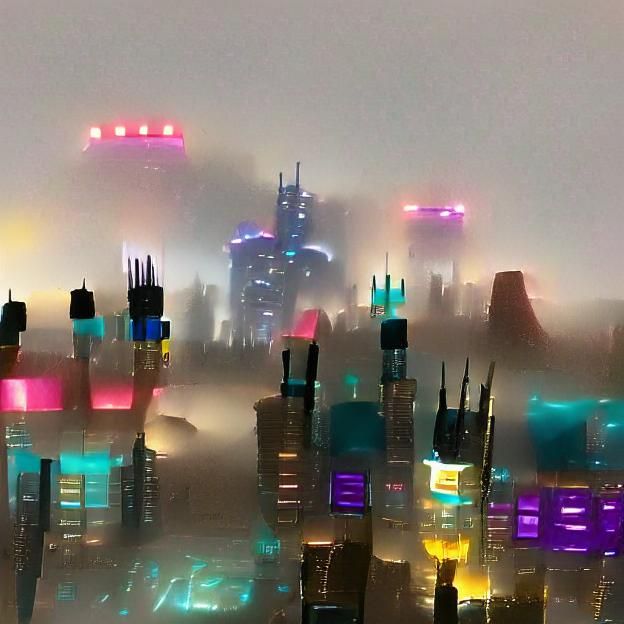 a foggy skyline of a cyberpunk city