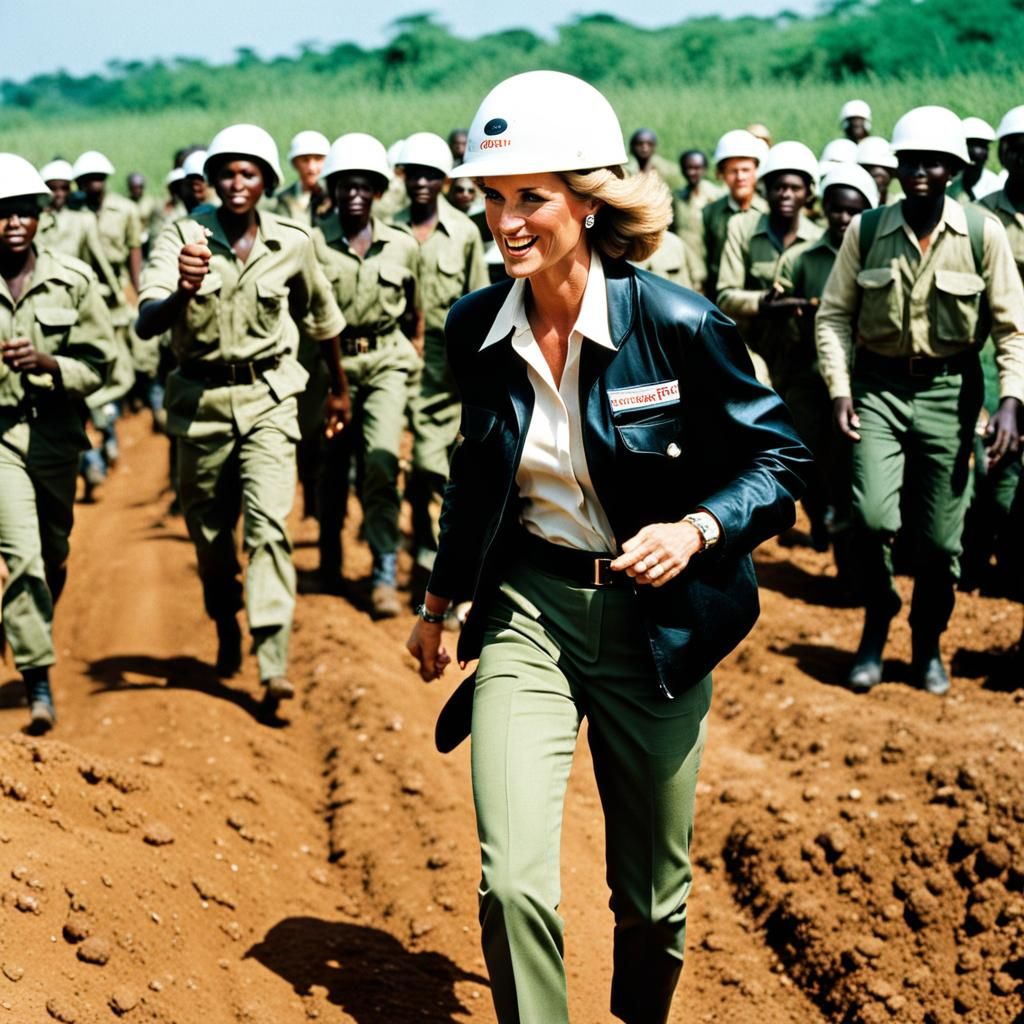 Prinses Diana walking through a live minefield in Huambo, An...